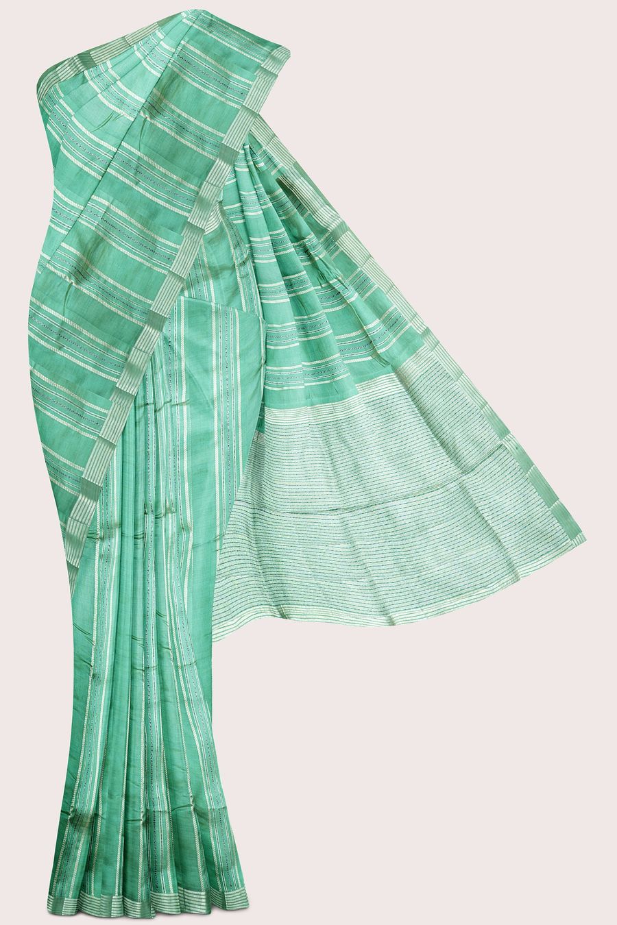 Fancy Silk Brocade Border Zari Lines Teal Green Saree