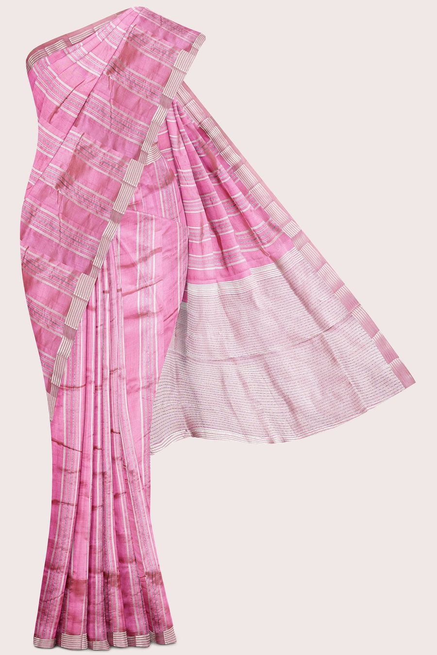 Fancy Silk Brocade Border Zari Lines Baby Pink Saree