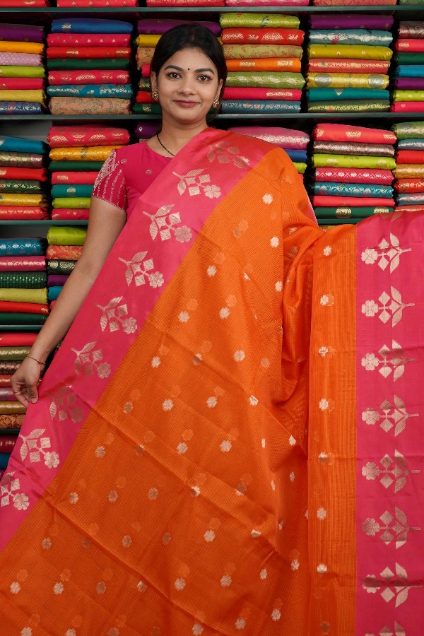 Kota Flower Butti Orange And Pink Saree