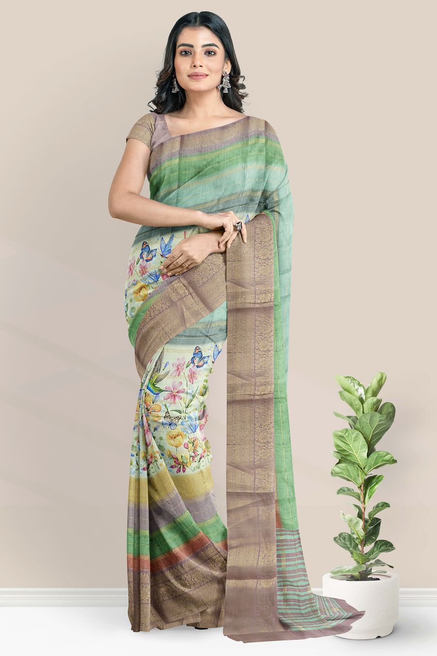 Fancy Silk Doriya Lines Digital Print Snuff Saree