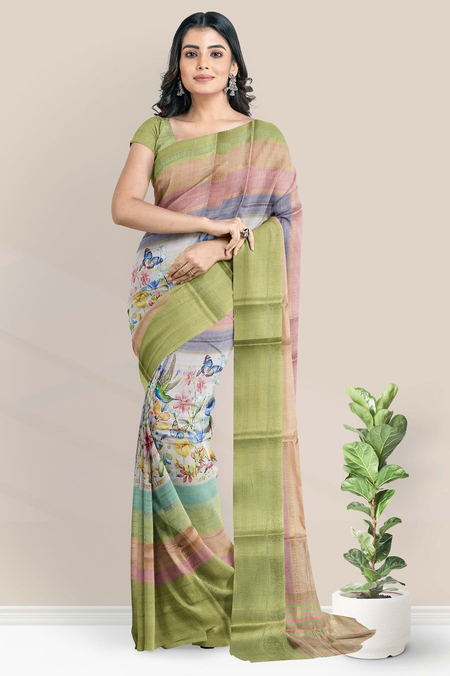 Fancy Silk Doriya Lines Digital Print Green Saree