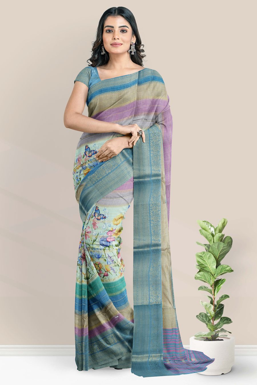 Fancy Silk Doriya Lines Digital Print Blue Saree