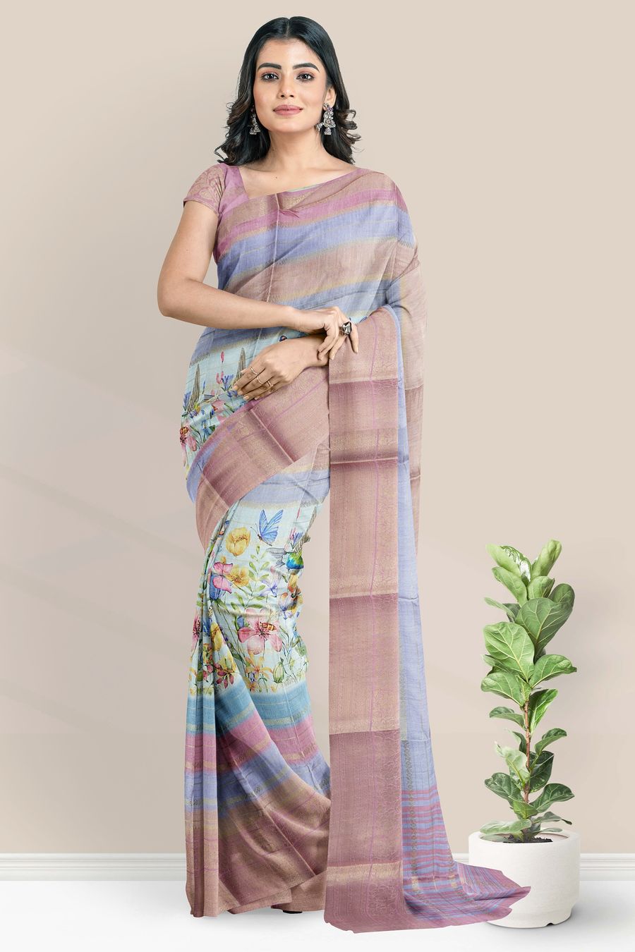 Fancy Silk Doriya Lines Digital Print Pink Saree