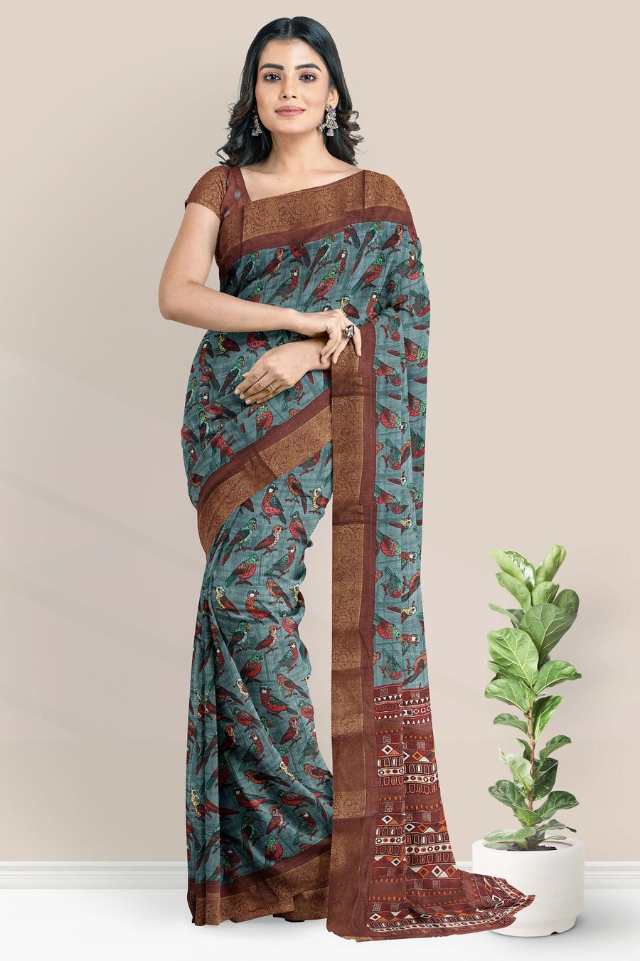Fancy Silk Double Border Birds Design Ash With Brown Saree