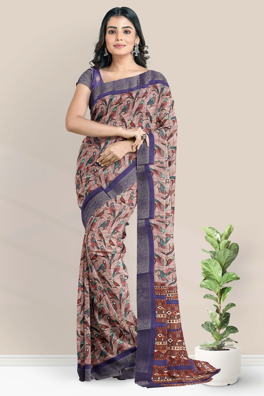 Fancy Silk Double Border Birds Design Onion Pink With Purple Saree