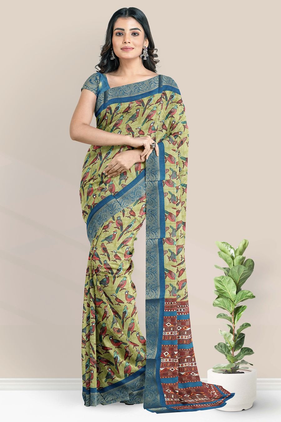 Fancy Silk Double Border Birds Design Light Green With Blue Saree