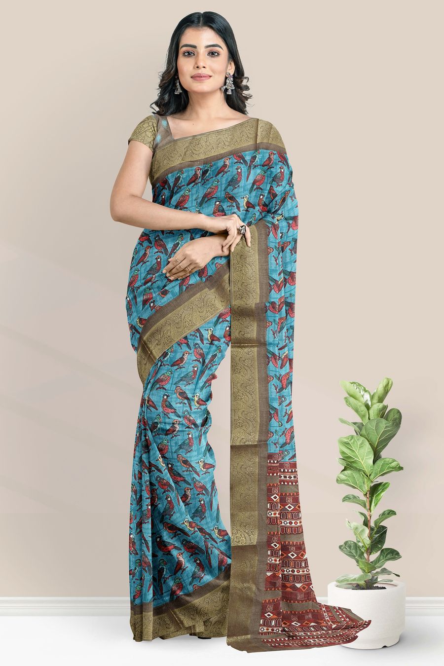 Fancy Silk Double Border Birds Design Rama Green With Snuff Saree