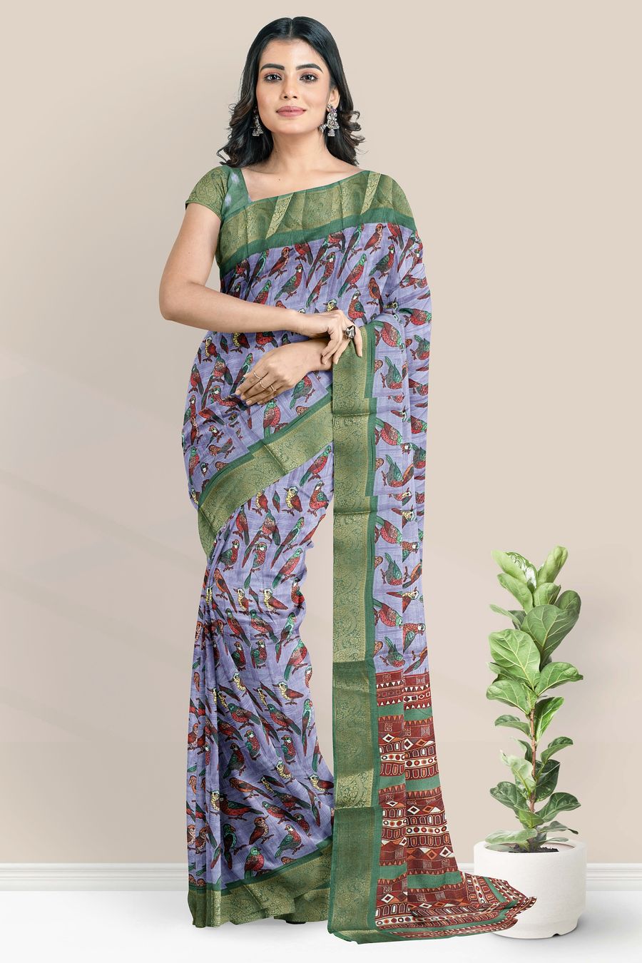 Fancy Silk Double Border Birds Design Lavender With Light Green Saree