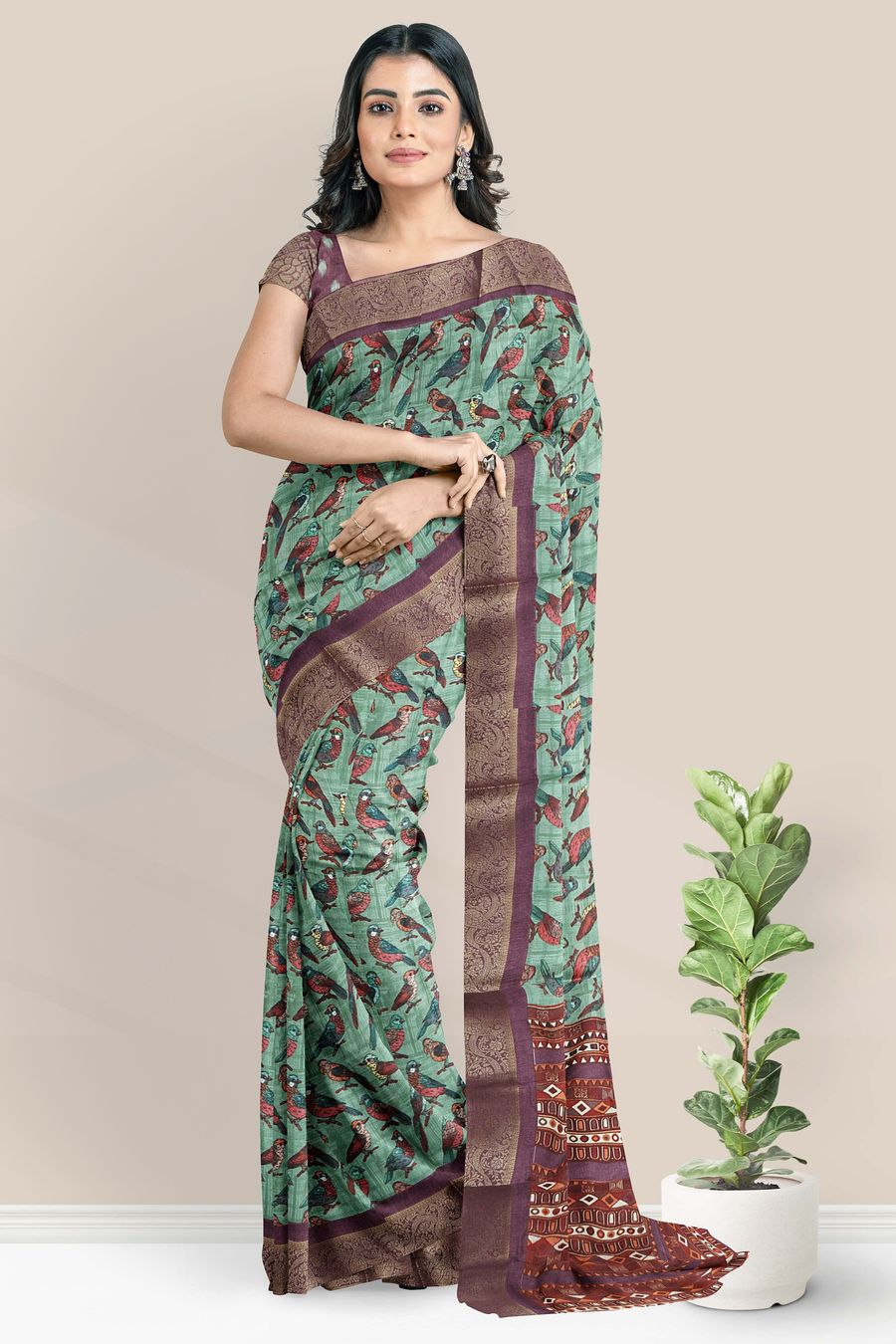 Fancy Silk Double Border Birds Design Parrot Green With Pink Saree