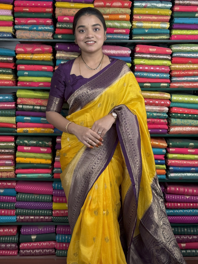 Russian Crepe Peacock Butti Yellow And Purple Saree
