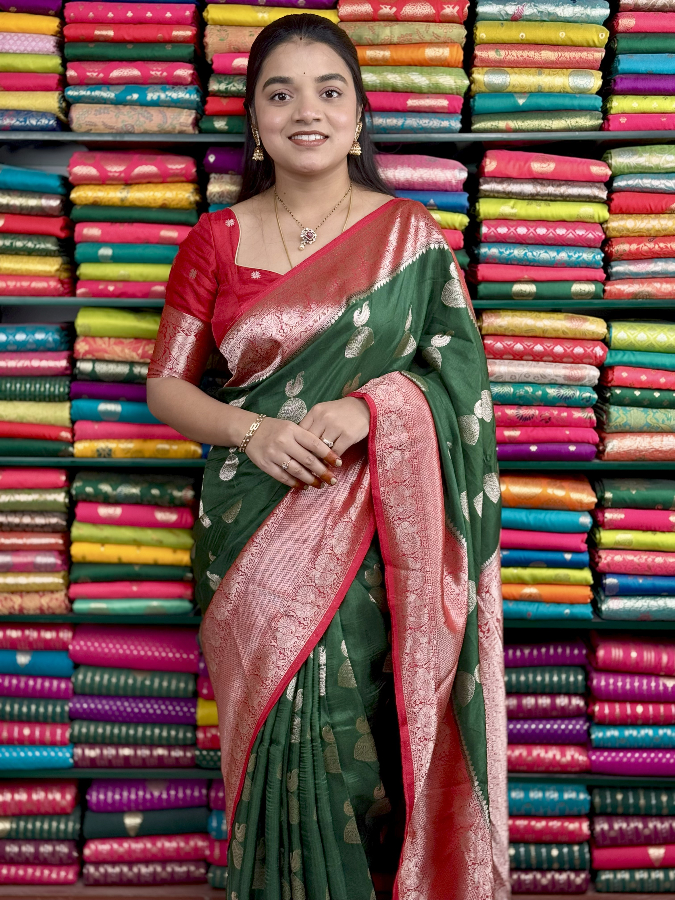 Mashru Silk Jumka Design Green And Red Saree