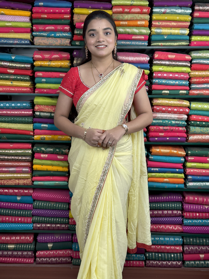 Pure Chiffon Crepe Hand Made Work Ready To Wear Blouse Light Yellow And Red Saree