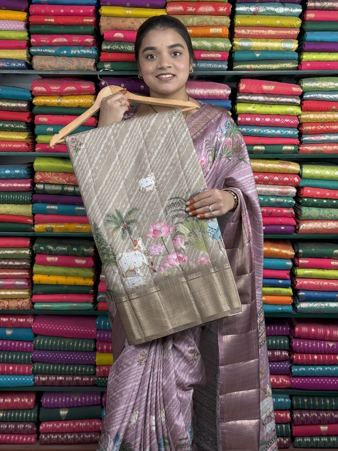 Fancy Silk Digital Print Gray Saree