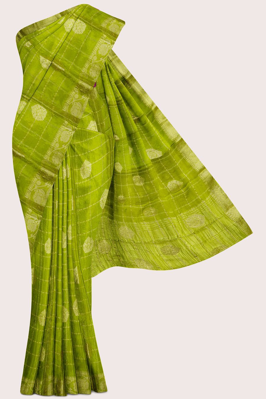 Chinon Crepe Silk Gold Zari Checks Mehandi Green With Magenat Pink Saree