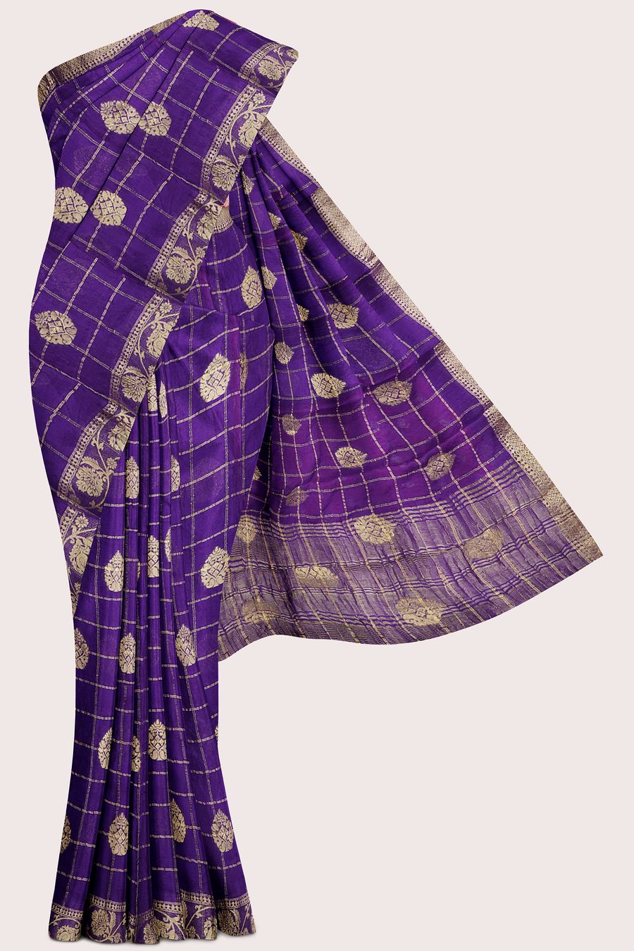Chinon Crepe Silk Gold Zari Checks Dark Purple With Pink Saree