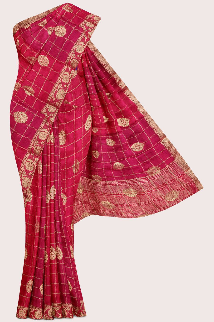 Chinon Crepe Silk Gold Zari Checks Rani Pink With Purple Saree