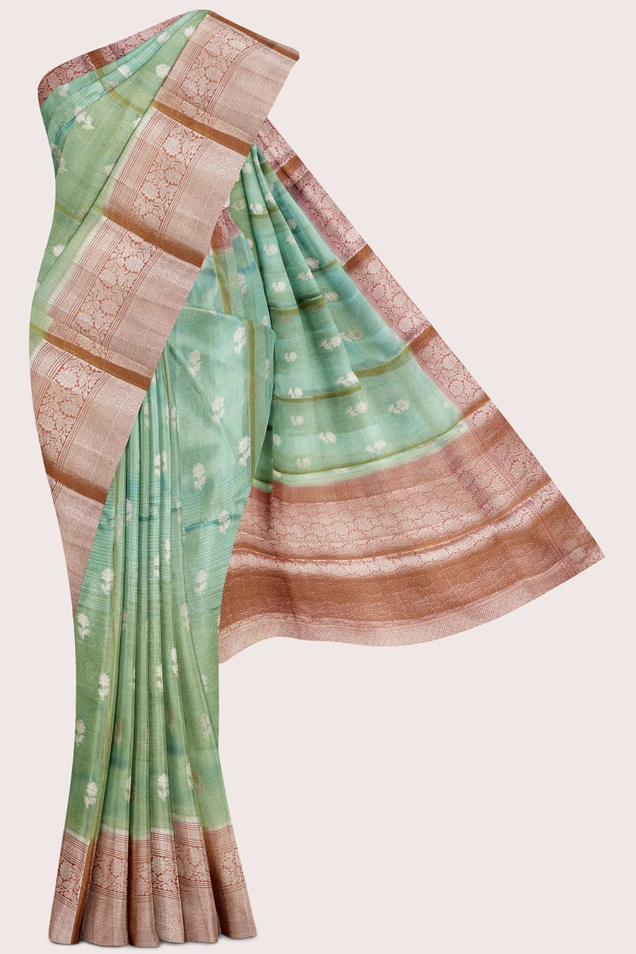 Soft Tissue Brocade Border And Butti Light Green With Pink Saree