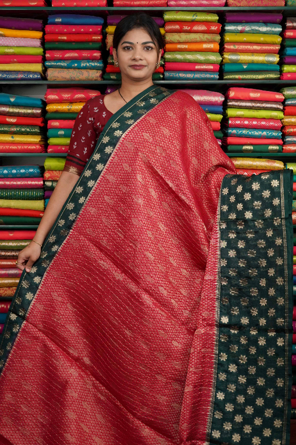 Crushed Silk Gold Zari Butti Red And Green Saree