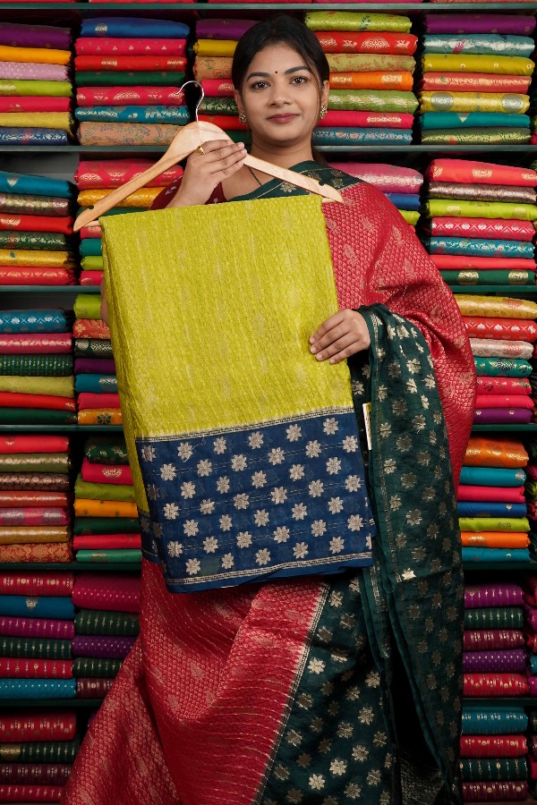 Crushed Silk Gold Zari Butti Yellowish Green And Peacock Blue Saree