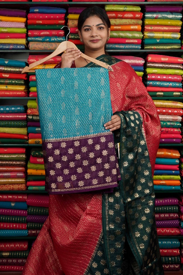 Crushed Silk Gold Zari Butti Coppersulphate Blue And Wine Saree