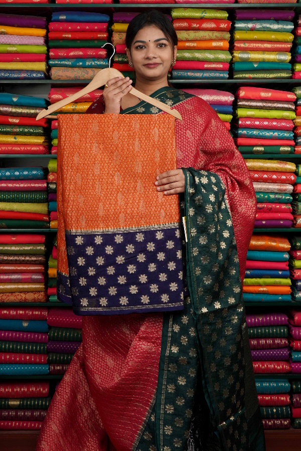 Crushed Silk Gold Zari Butti Orange And Dark Navy Blue Saree