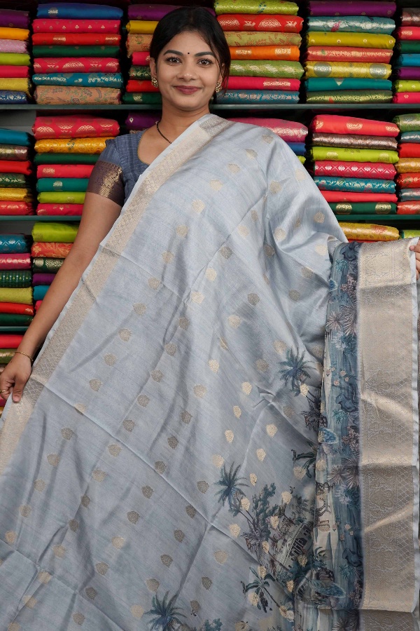 Soft Silk Zari Butti With Digital Print Light Blue Saree