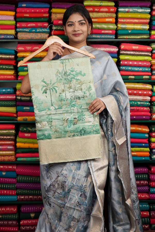 Soft Silk Zari Butti With Digital Print Sea Green Saree