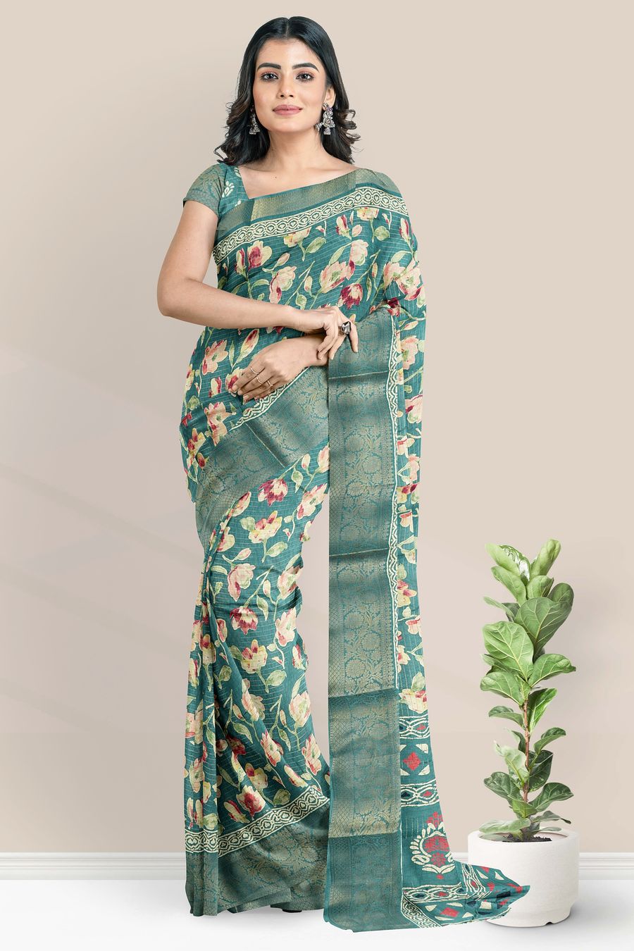 Doriya Silk Floral Digital Print Light Rama Green Saree
