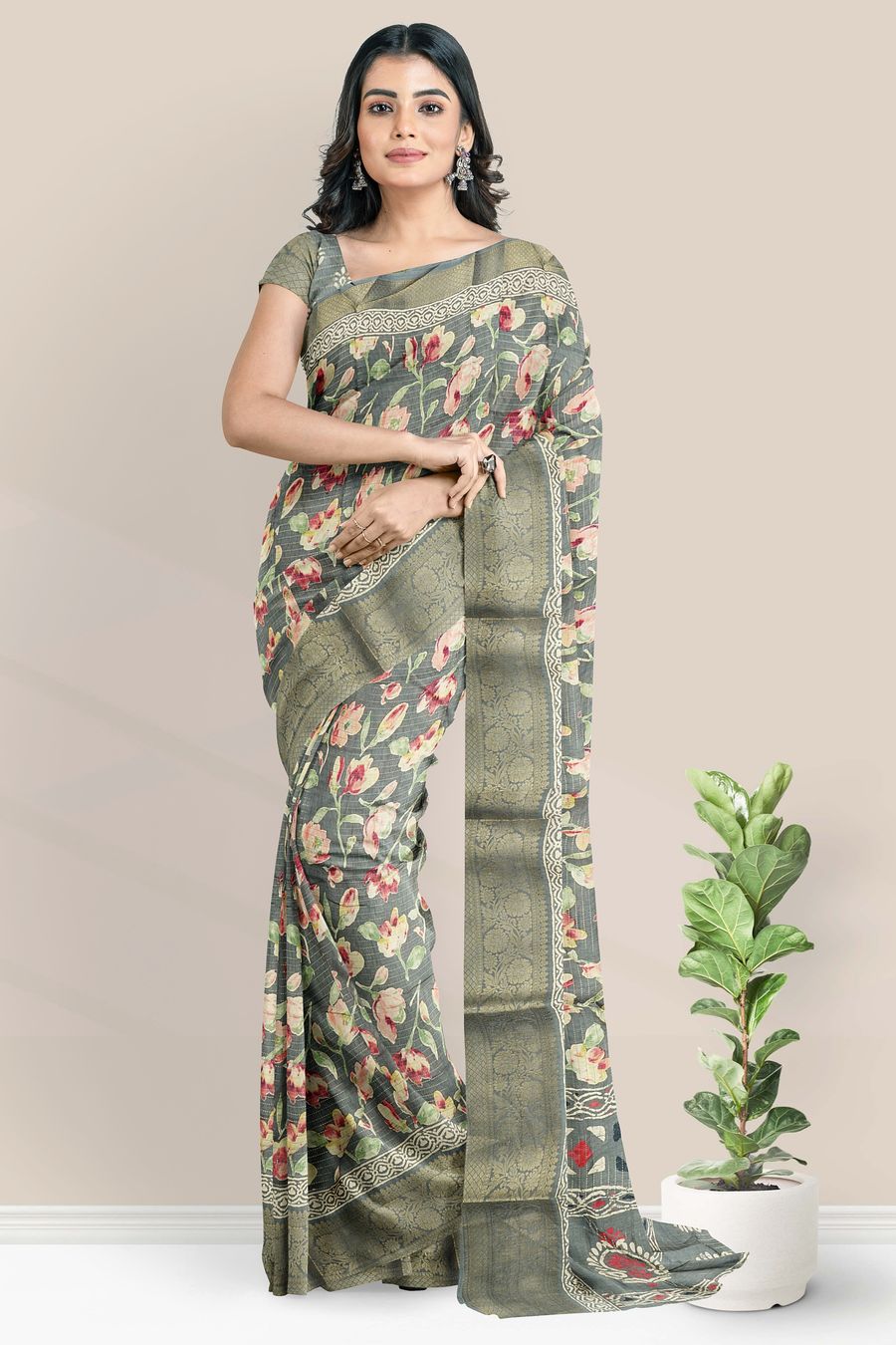 Doriya Silk Floral Digital Print Ash Saree