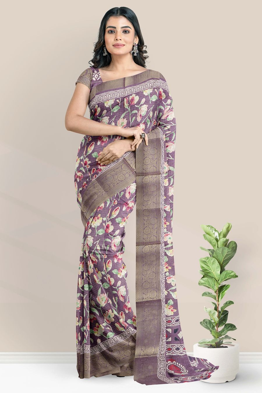 Doriya Silk Floral Digital Print Brinjal Saree