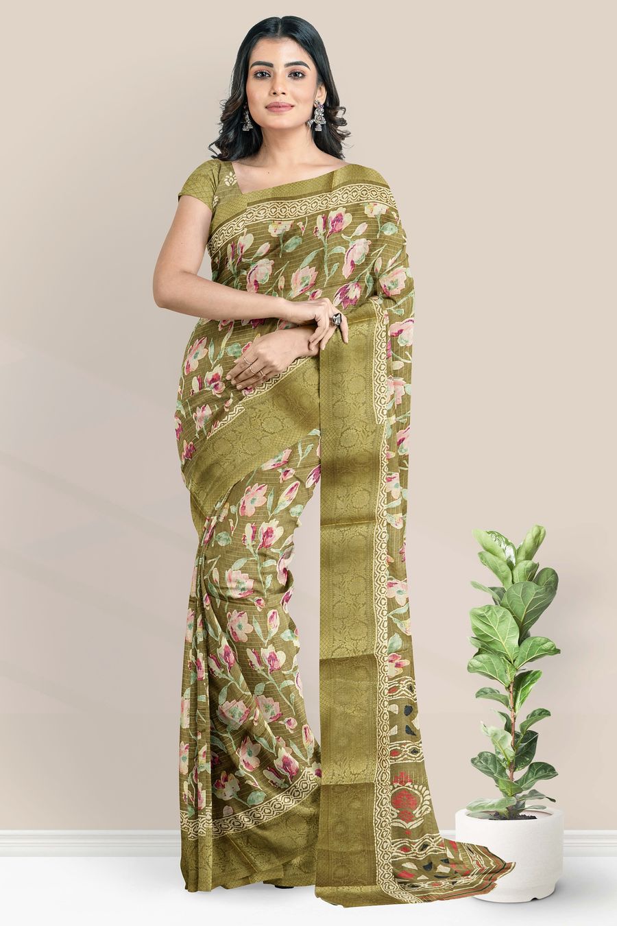 Doriya Silk Floral Digital Print Light Snuff And Green Mix Saree