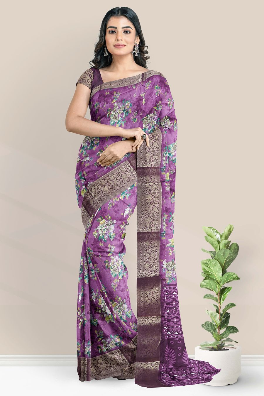 Soft Silk Floral Digital Print Magenta Pink Saree