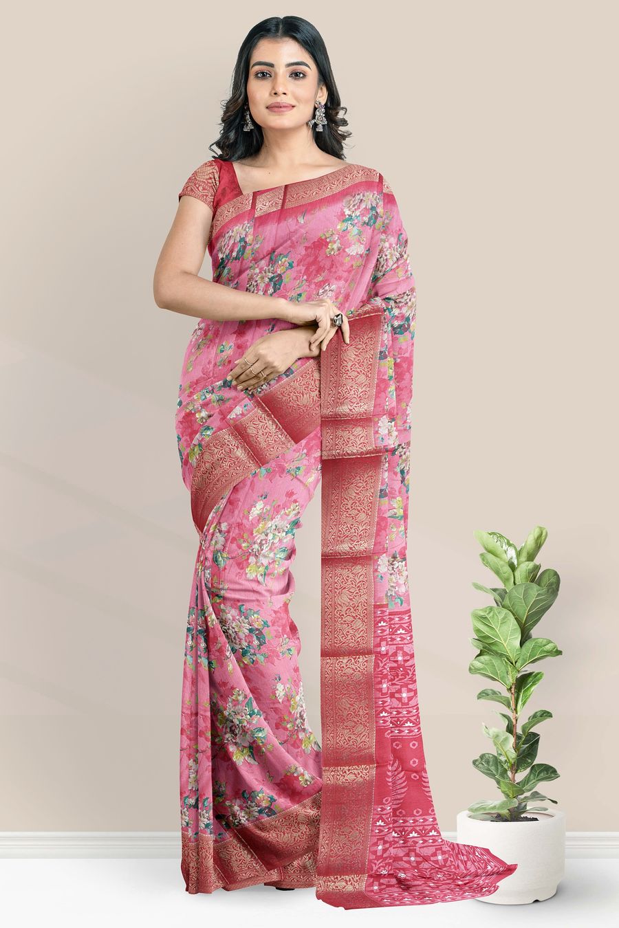 Soft Silk Floral Digital Print Peach Pink Saree