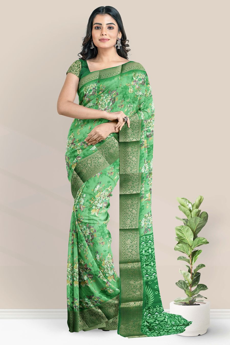 Soft Silk Floral Digital Print Parrot Green Saree