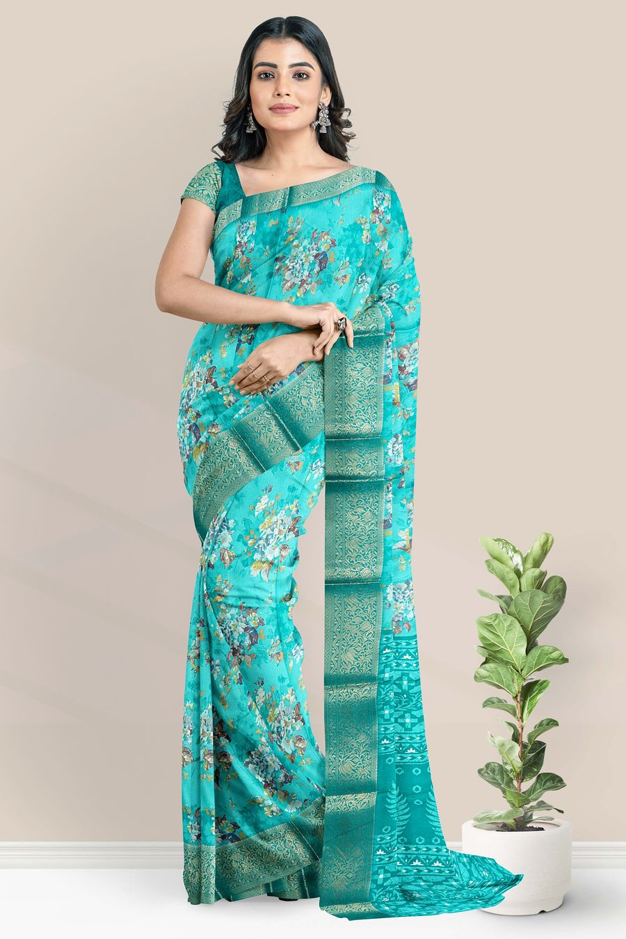 Soft Silk Floral Digital Print Rama Green Saree