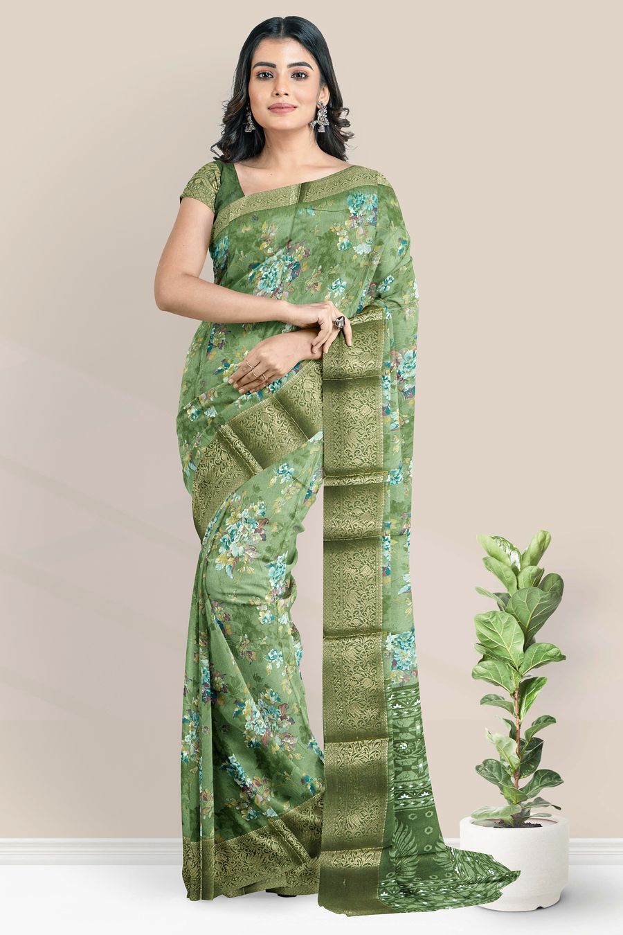 Soft Silk Floral Digital Print Mehandi Green Saree