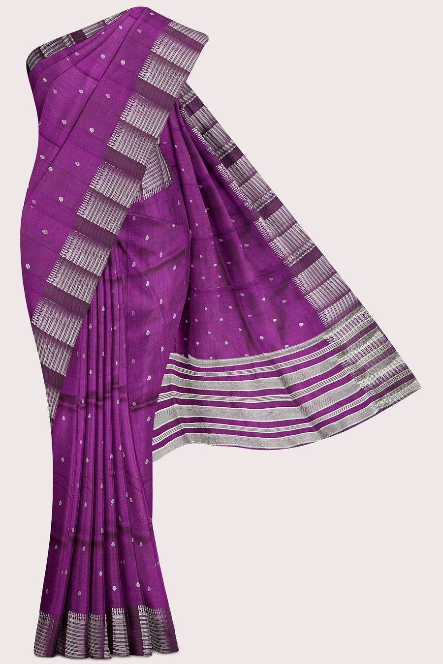Fancy Semi Tussar Silk Brocade Border And Butti Dark Brinjal Saree