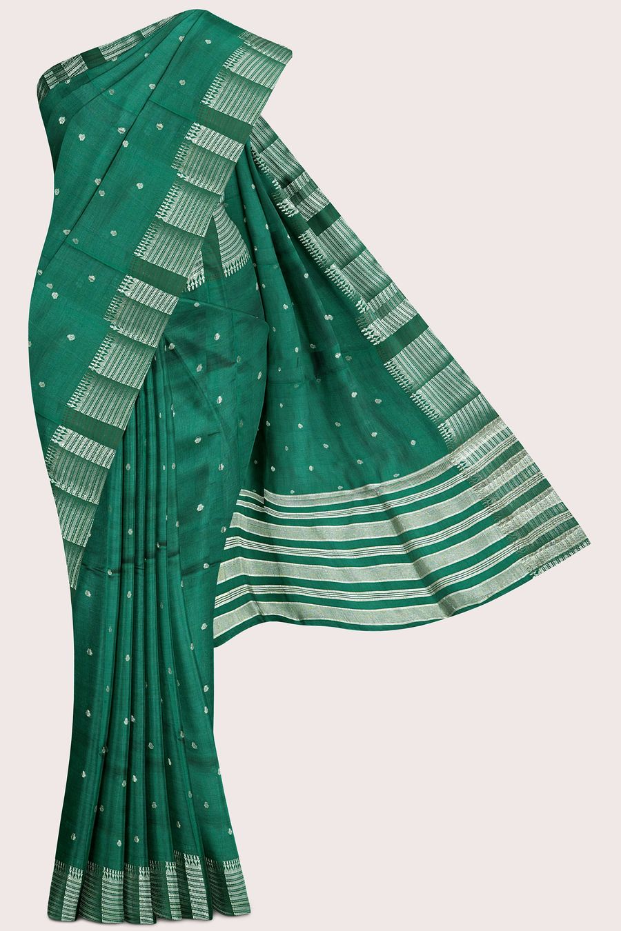 Fancy Semi Tussar Silk Brocade Border And Butti Bottle Green Saree