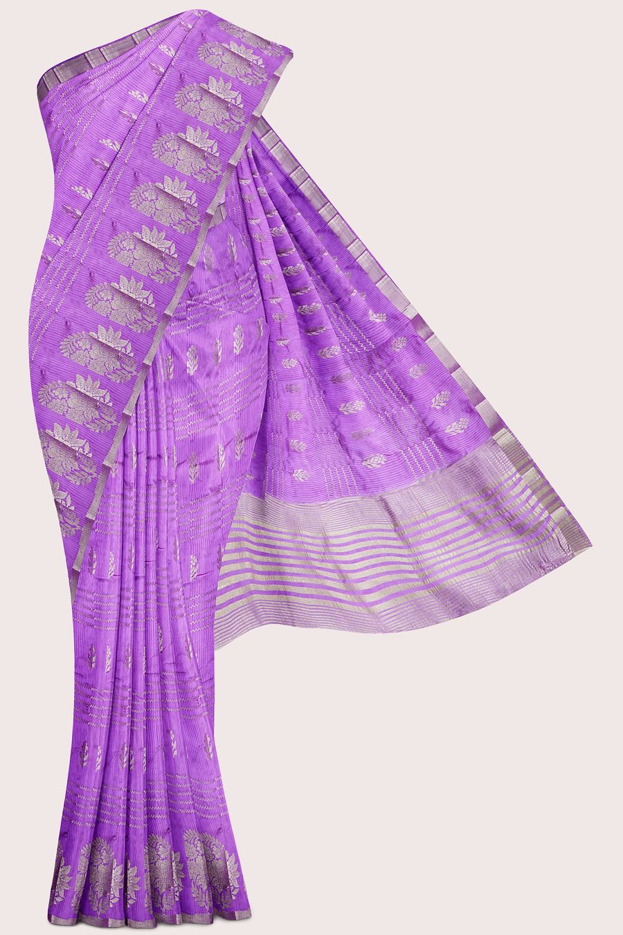 Fancy Semi Tussar Silk Doriya Lines And Butti Light Brinjal Saree