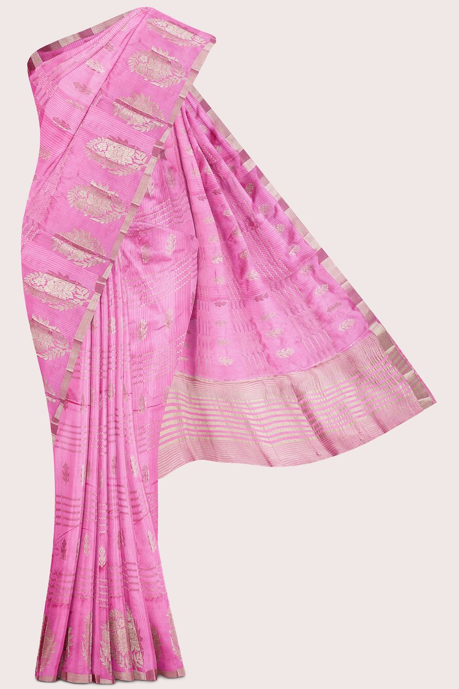 Fancy Semi Tussar Silk Doriya Lines And Butti Baby Pink Saree