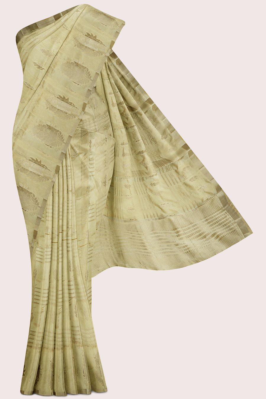 Fancy Semi Tussar Silk Doriya Lines And Butti Cream Saree