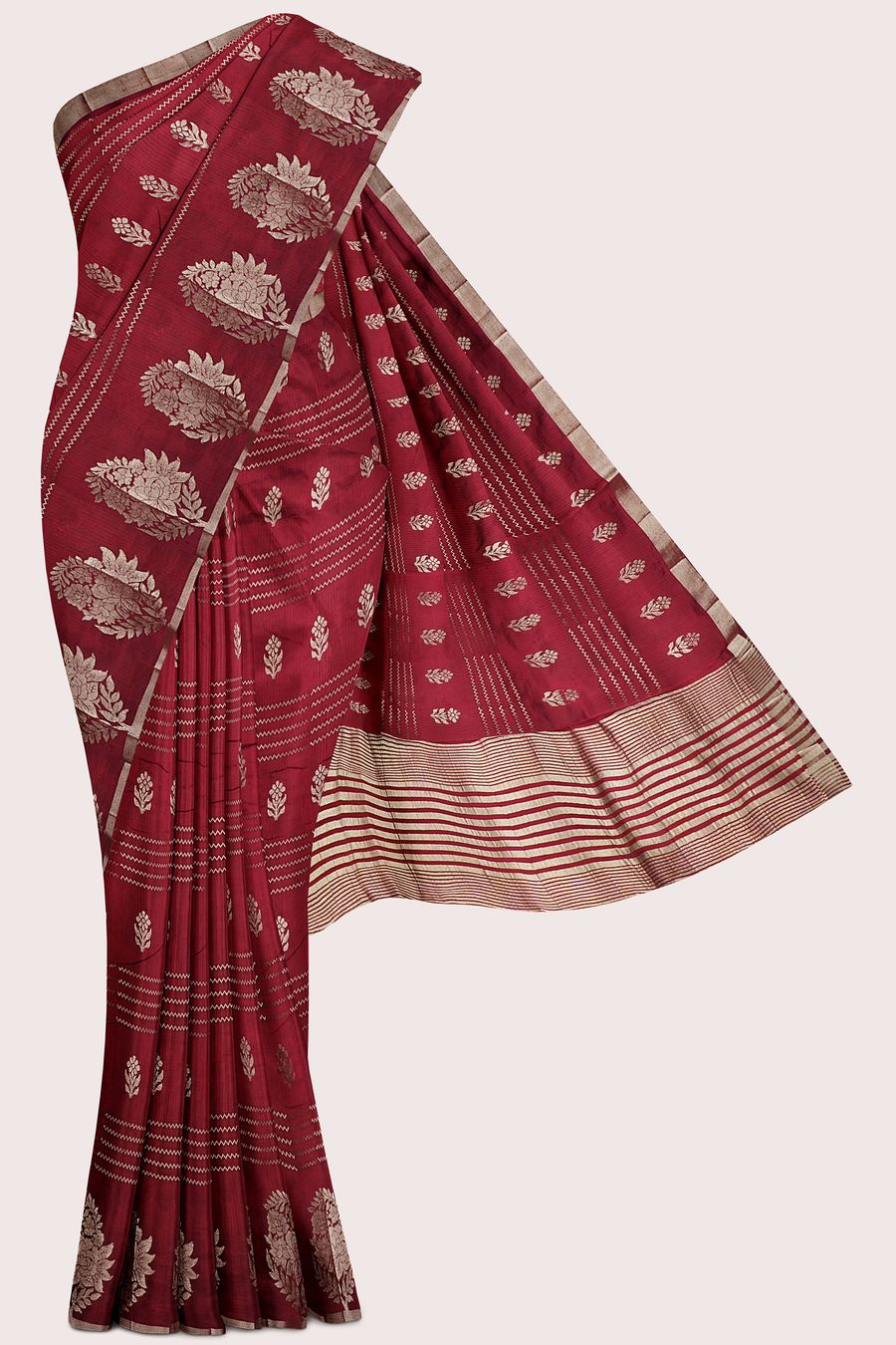 Fancy Semi Tussar Silk Doriya Lines And Butti Maroon Saree
