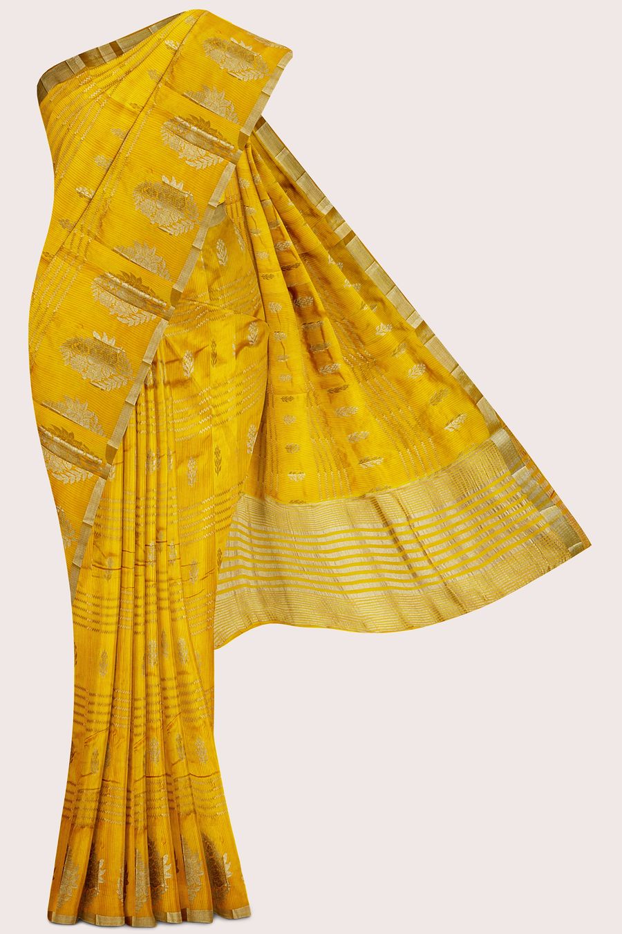 Fancy Semi Tussar Silk Doriya Lines And Butti Mango Yellow Saree