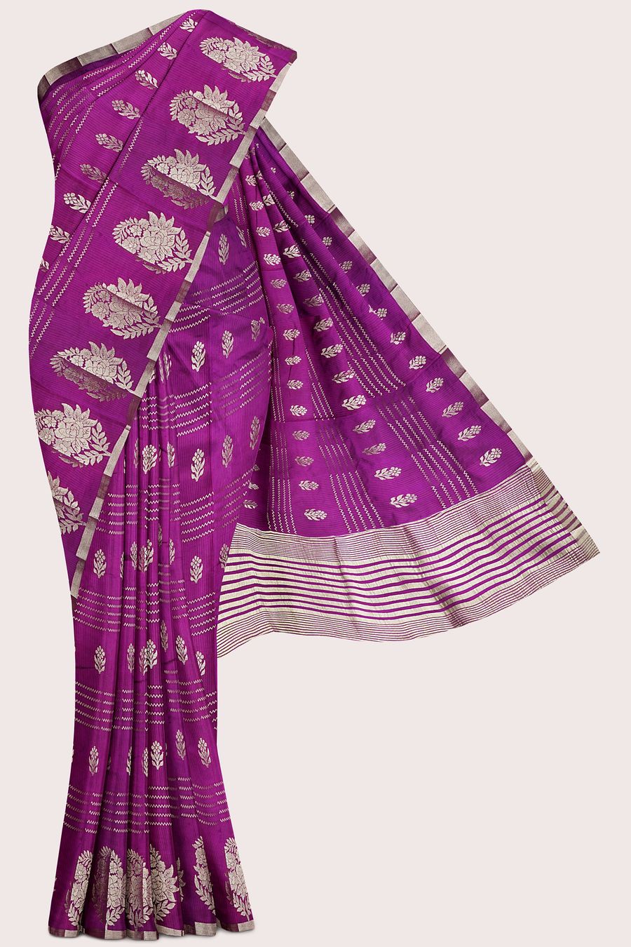 Fancy Semi Tussar Silk Doriya Lines And Butti Magenta Pink Saree