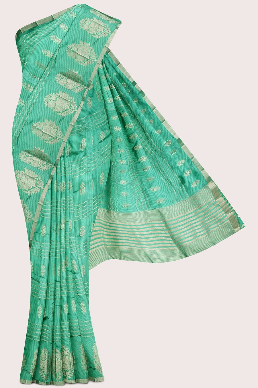 Fancy Semi Tussar Silk Doriya Lines And Butti Teal Green Saree