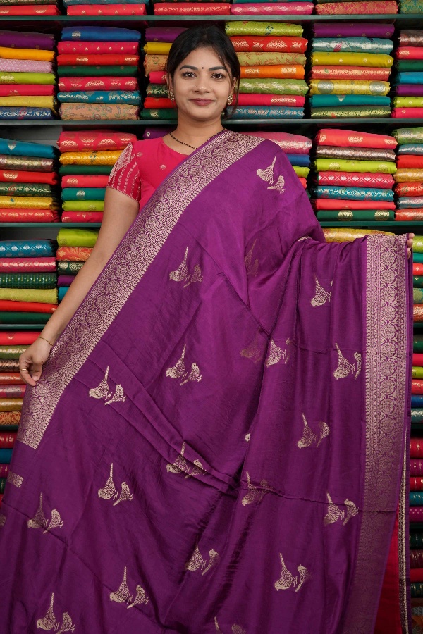 Katan Silk Bird Zari Butti Purple And Pink Saree