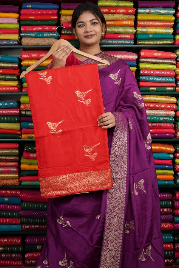 Katan Silk Bird Zari Butti Red And Green Saree