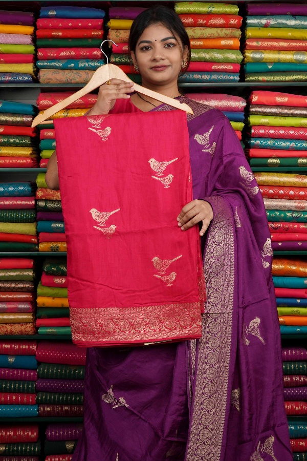 Katan Silk Bird Zari Butti Pink And Peacock Blue Saree