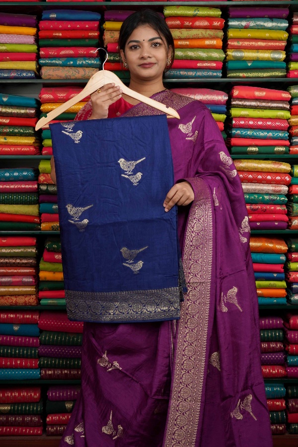 Katan Silk Bird Zari Butti Navy Blue And Pink Saree