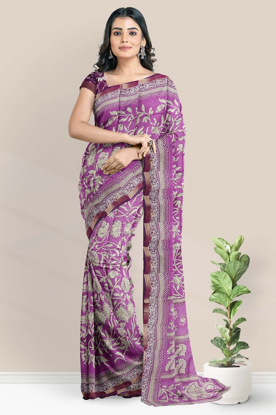 Soft Maheswari Silk Kalamkari Floral Print Magenta Pink Saree
